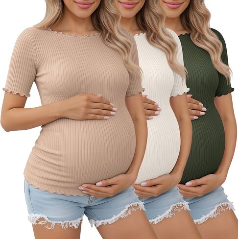 3 قطع من قمصان الأمومة المضلعة النسائية القطنية بأكمام قصيرة ملابس الحمل برقبة قارب وحواف الخس ملابس ماما in Kuwait