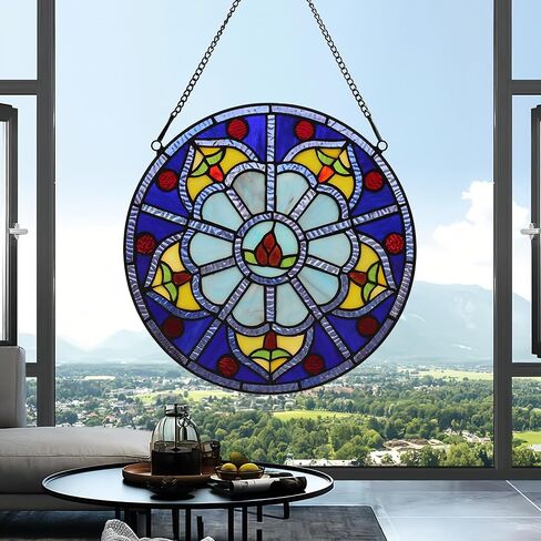نافذة زجاجية ملونة معلقة على طراز Tiffany Plant Style 12 "Roud Yellow Flower Suncatchers Decor Decor in Kuwait