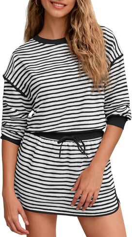 Fisoew إمرأة مخطط 2 قطعة وتتسابق Crewneck تجريب مجموعات عالية الخصر Skort مجموعة طويلة الأكمام مطابقة مجموعات النساء الملابس in Saudi Arabia