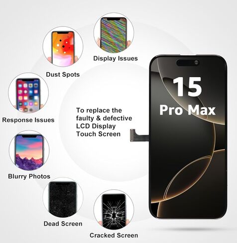 بديل شاشة LL TRADER لهاتف iPhone 15 pro max 6.7 بوصة LCD Retina FHD محول رقمي لشاشة تعمل باللمس مع مجموعة أدوات إصلاح، شريط مقاوم للماء، واقي شاشة (قابل للبرمجة Truetone) للولايات المتحدة الأمريكية 2025 in Kuwait