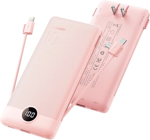 Portable Charger with Wall Plug, Slim USB C Power Bank with Built-in Cables, 10000mah LED Display External Battery Pack Compatible with iPhone/Android & More (Black) in Saudi Arabia