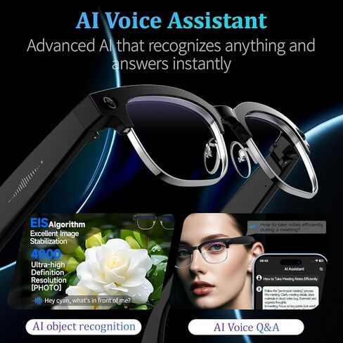 AI Smart Glasses with 8MP Camera, 4K Video & HD Photo, Bluetooth Audio, AI Voice Assistant, Real-Time Translation, Object Recognition, Noise-Cancel Calls, Music, Photochromic Lenses in Saudi Arabia