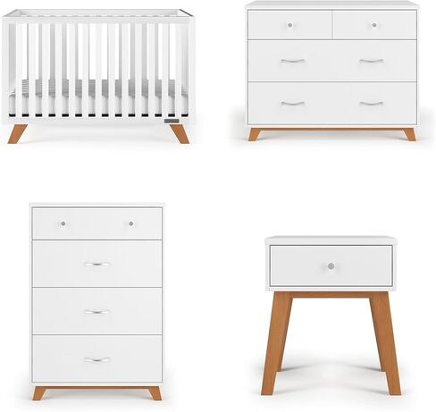 Child Craft SOHO Crib, 3-Drawer Dresser, Chest, Nightstand, 4-Piece Nursery Set (White/Natural) in Kuwait