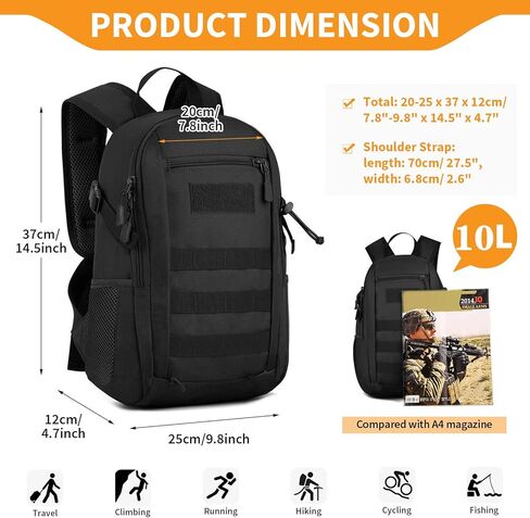 حقيبة ظهر تكتيكية HUNTVP 10L حقيبة ظهر صغيرة صغيرة Daypack حقيبة ظهر عسكرية MOLLE حقيبة ظهر تكتيكية للصيد والتخييم والرحلات (10L-أسود) in Saudi Arabia