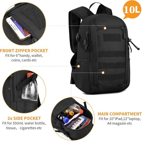 حقيبة ظهر تكتيكية HUNTVP 10L حقيبة ظهر صغيرة صغيرة Daypack حقيبة ظهر عسكرية MOLLE حقيبة ظهر تكتيكية للصيد والتخييم والرحلات (10L-أسود) in Saudi Arabia