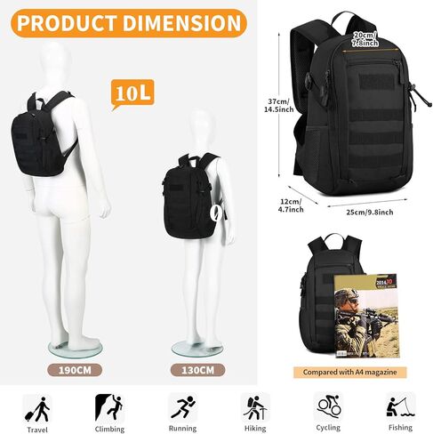 حقيبة ظهر تكتيكية HUNTVP 10L حقيبة ظهر صغيرة صغيرة Daypack حقيبة ظهر عسكرية MOLLE حقيبة ظهر تكتيكية للصيد والتخييم والرحلات (10L-أسود) in Saudi Arabia