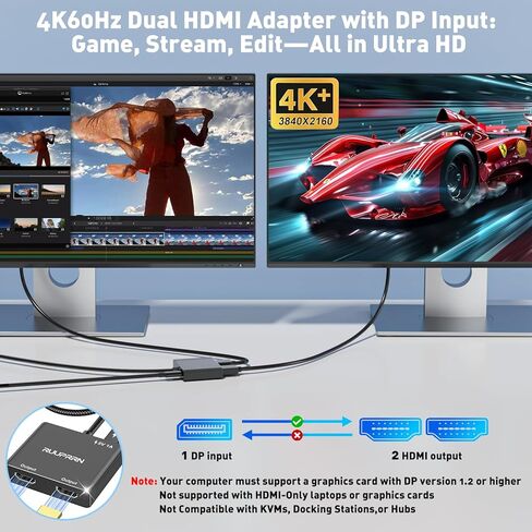 منفذ عرض 4K@60 هرتز إلى محول HDMI مزدوج، مصدر DP 1.4 إلى موزع HDMI 2.0 للشاشات المزدوجة، منفذ عرض إلى موزع HDMI 1 في 2 خارج شاشة ممتدة، للكمبيوتر الشخصي، NVIDIA، بطاقة رسومات AMD in Kuwait