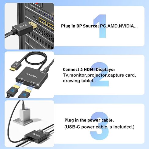 منفذ عرض 4K@60 هرتز إلى محول HDMI مزدوج، مصدر DP 1.4 إلى موزع HDMI 2.0 للشاشات المزدوجة، منفذ عرض إلى موزع HDMI 1 في 2 خارج شاشة ممتدة، للكمبيوتر الشخصي، NVIDIA، بطاقة رسومات AMD in Kuwait