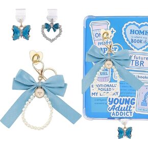 مجموعة إكسسوارات كيندل اللطيفة، سلسلة مفاتيح بفيونكة زرقاء لؤلؤية متوافقة مع القارئ الإلكتروني، سحر قابس الغبار على شكل قلب بلينغ لأوقد بيبر وايت 11th/12th Gen Type C/USB C، هدية مثالية لديكور Kindle in Kuwait
