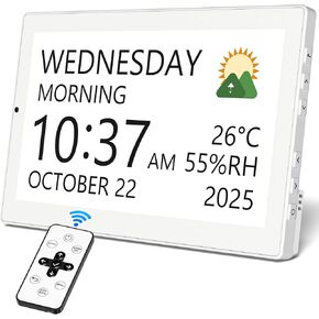 Mesqool 10.1" Large Digital Clock for Seniors with Date & Day, Easy-to-Read Calendar, Daily Reminders, Auto Dimming Display, Remote Control, Indoor Temperature & Humidity, Wall Mountable in Kuwait