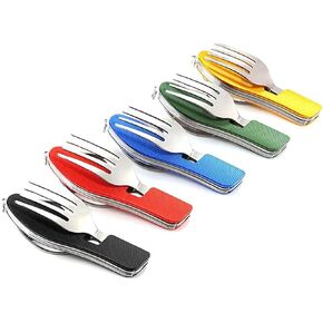 5 Pack Camping Utensils, 4-in-1 Portable Stainless Steel Cutlery with Fork, Spoon, Knife, and Bottle Opener - Lightweight, Detachable, and Durable Camping Silverware for Outdoor Events and Adventures in Kuwait