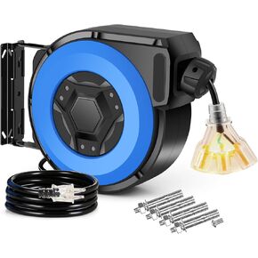 بكرة سلك تمديد قابلة للسحب، سلك طاقة عالي التحمل بطول 50 قدمًا لورشة المرآب، بكرة سلك SJTOW 14AWG/3C، قفل أمان، قاطع دائرة 13 أمبير، 3 منافذ ثلاثية مضاءة، دعامة دوارة 180 درجة، مدرجة في قائمة UL in Kuwait
