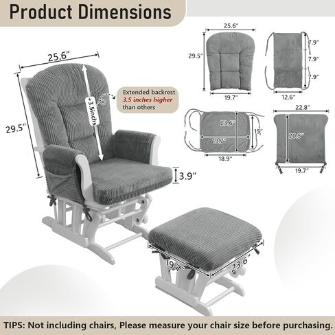 5PCS Glider Rocker Replacement Cushions with Storage Side Pockets, Green | Thickened 3.5IN Seat & Supportive Striped Plush Rocking Chair Cushion Set with Ottoman for Indoor Nursery in Saudi Arabia