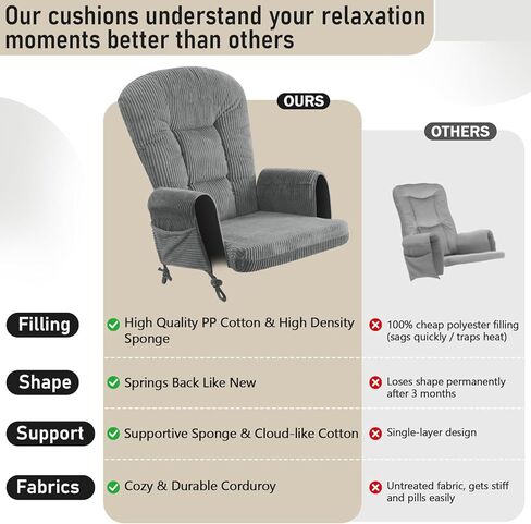 5PCS Glider Rocker Replacement Cushions with Storage Side Pockets, Green | Thickened 3.5IN Seat & Supportive Striped Plush Rocking Chair Cushion Set with Ottoman for Indoor Nursery in Saudi Arabia