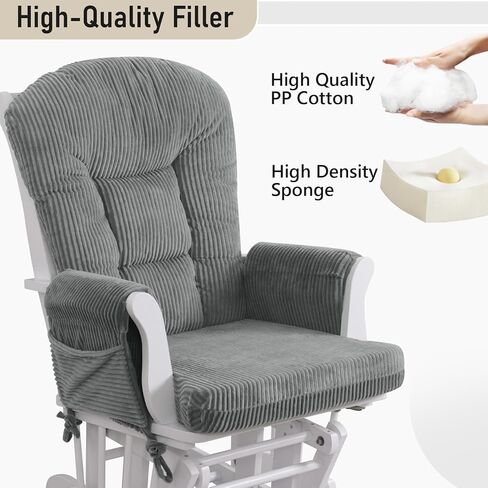 5PCS Glider Rocker Replacement Cushions with Storage Side Pockets, Green | Thickened 3.5IN Seat & Supportive Striped Plush Rocking Chair Cushion Set with Ottoman for Indoor Nursery in Saudi Arabia