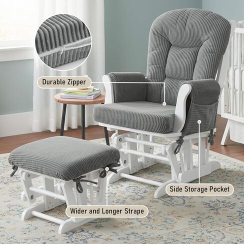 5PCS Glider Rocker Replacement Cushions with Storage Side Pockets, Green | Thickened 3.5IN Seat & Supportive Striped Plush Rocking Chair Cushion Set with Ottoman for Indoor Nursery in Saudi Arabia