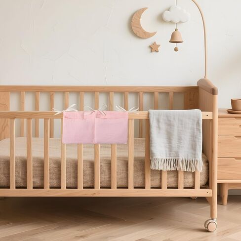 Little One Case Bag, Crib Organizer Side, Cotton Gauze Dual Pockets Beige, Easy Installation, Durability in Saudi Arabia