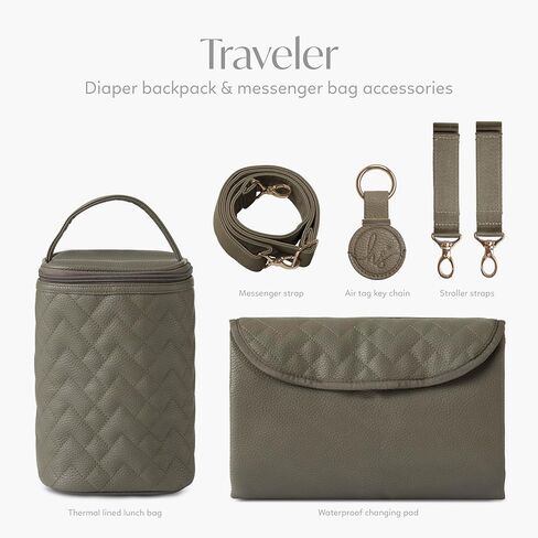 حقيبة ظهر للحفاضات للسفر من هانا وصوفيا، مجموعة حقائب سفر للأطفال مكونة من 4 قطع مع منفذ شحن USB-C، ونظام تنظيم 11 جيبًا، وحقيبة زجاجات، ووسادة تغيير الحفاضات، وسلسلة مفاتيح AirTag، باللون الأخضر الغابة in Kuwait