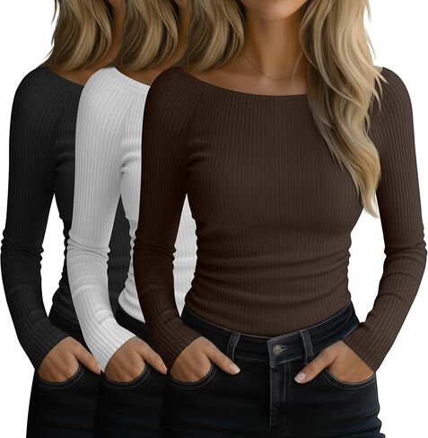 3 Pack Women's Boat Neck Tops, Ribbed Cotton Long Sleeve Fitted Side Ruched Shirts Basic Going Out Outfits in Saudi Arabia