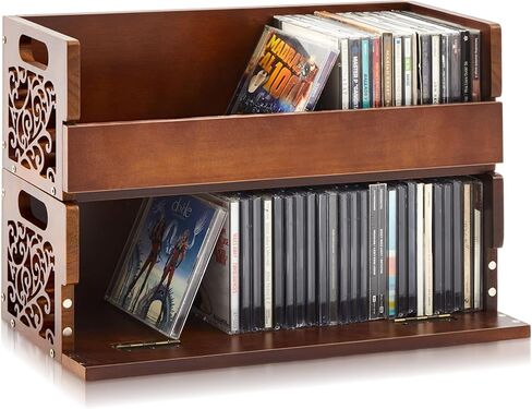 حامل أقراص مضغوطة خشبي مكون من مجموعتين، رف تخزين أقراص مضغوطة قابل للتكديس مع مقابض، تصميم مغناطيسي للفتح الأمامي، منظم وسائط صغير الحجم للمكتب المنزلي وغرفة المعيشة، كل مجموعة تحمل ما يصل إلى 36 حافظة in Kuwait