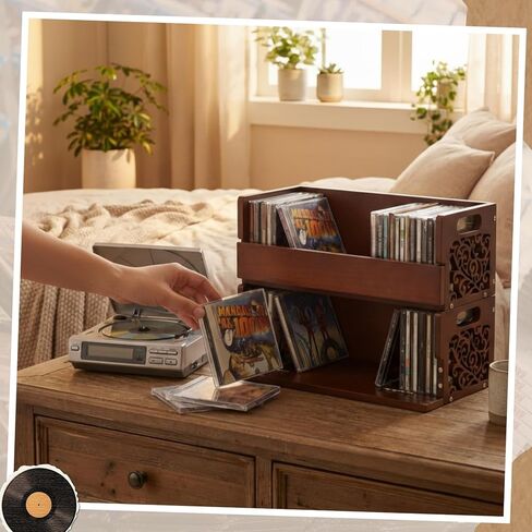 حامل أقراص مضغوطة خشبي مكون من مجموعتين، رف تخزين أقراص مضغوطة قابل للتكديس مع مقابض، تصميم مغناطيسي للفتح الأمامي، منظم وسائط صغير الحجم للمكتب المنزلي وغرفة المعيشة، كل مجموعة تحمل ما يصل إلى 36 حافظة in Kuwait