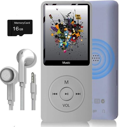 مشغل MP3، مشغل موسيقى مع بطاقة Micro SD سعة 16 جيجابايت، مكبر صوت مدمج/صور/تشغيل فيديو/راديو FM/مسجل صوت/قارئ الكتب الإلكترونية، يدعم حتى 128 جيجابايت in Kuwait