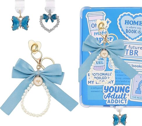 مجموعة إكسسوارات كيندل اللطيفة، سلسلة مفاتيح بفيونكة زرقاء لؤلؤية متوافقة مع القارئ الإلكتروني، سحر قابس الغبار على شكل قلب بلينغ لأوقد بيبر وايت 11th/12th Gen Type C/USB C، هدية مثالية لديكور Kindle in Kuwait