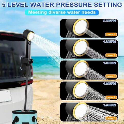 Upgraded Camping Light Portable Shower, 5 Pressure Levels Rechargeable Camping Shower Pump with 20L Foldable Bucket & Intelligent LED Display, 6000mAh Outdoor Shower for Camping Hiking, Travel, Car in Saudi Arabia