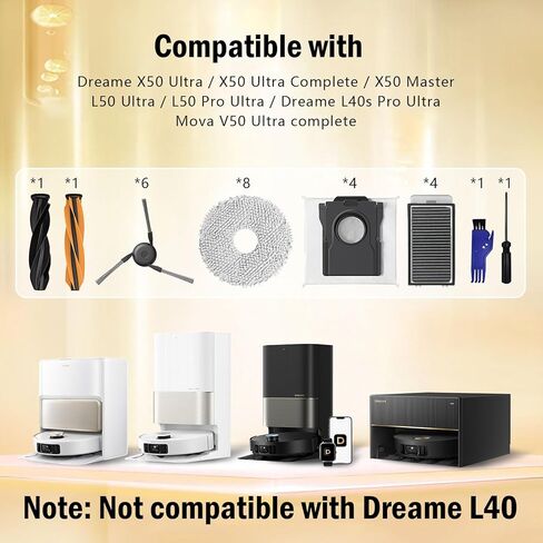 24pcs ملحقات لـ Dreame X50 Ultra L50 Ultra L40S Pro Ultra/Mova V50 Ultra Robot Presace Parts ، فرشين رئيسيين ، 8 منصات ممسحة ، 6 فرش جانبية ، 4 مرشحات HEPA ، 4 أكياس غبار in Kuwait