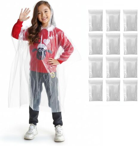 Kids Poncho - 12-Pack, One Size, Clear Ponchos with Hood for Kids, Disposable, Bulk Emergency Rain Cover for Children in Saudi Arabia