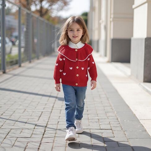 Toddler Girl Valentines Day Outfit Heart Embroidery Knit Cardigan Ruffle Collar Long Sleeve Button Up Chunky Sweater Jacket in Saudi Arabia