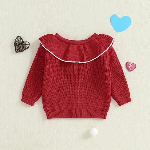 Toddler Girl Valentines Day Outfit Heart Embroidery Knit Cardigan Ruffle Collar Long Sleeve Button Up Chunky Sweater Jacket in Saudi Arabia