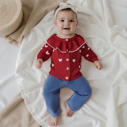 Toddler Girl Valentines Day Outfit Heart Embroidery Knit Cardigan Ruffle Collar Long Sleeve Button Up Chunky Sweater Jacket in Saudi Arabia
