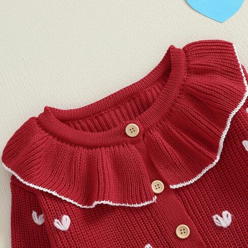 Toddler Girl Valentines Day Outfit Heart Embroidery Knit Cardigan Ruffle Collar Long Sleeve Button Up Chunky Sweater Jacket in Saudi Arabia