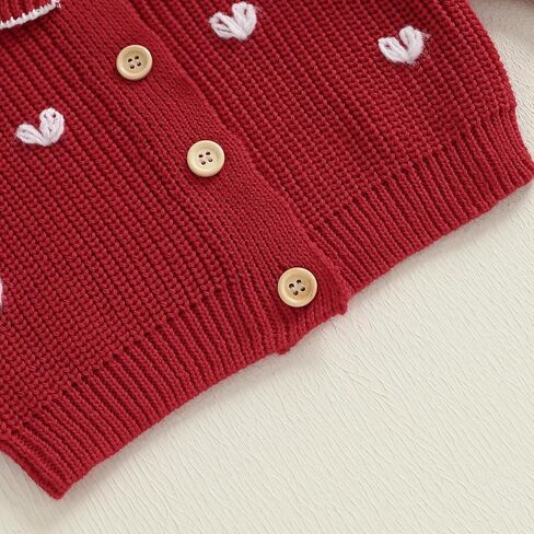 Toddler Girl Valentines Day Outfit Heart Embroidery Knit Cardigan Ruffle Collar Long Sleeve Button Up Chunky Sweater Jacket in Saudi Arabia
