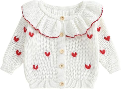 Toddler Girl Valentines Day Outfit Heart Embroidery Knit Cardigan Ruffle Collar Long Sleeve Button Up Chunky Sweater Jacket in Saudi Arabia