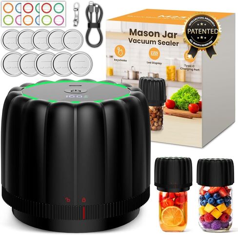 2026 طقم سدادة مكنسة كهربائية مطورة مع أغطية ميسون واسعة ومنتظمة - مضخة تفريغ أوتوماتيكية 80 كيلو باسكال، بطارية 2500 مللي أمبير في الساعة، آلة إغلاق تعليب بلمسة واحدة لتخزين الطعام باللون الأسود in Kuwait