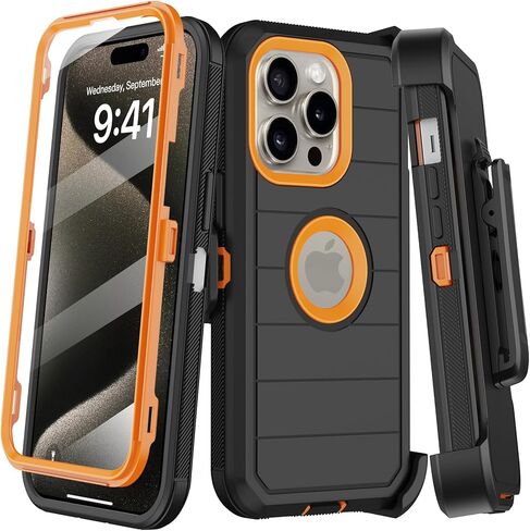 for iPhone 15 Pro Max Case with Belt Clip Holster,Built-in Screen Protector,Heavy Duty Shockproof Drop Protection Military Grade 3 Layers Rugged Phone Cover with Kickstand 6.7" (Black Orange) in Kuwait