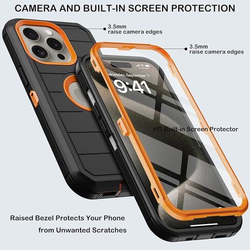 for iPhone 15 Pro Max Case with Belt Clip Holster,Built-in Screen Protector,Heavy Duty Shockproof Drop Protection Military Grade 3 Layers Rugged Phone Cover with Kickstand 6.7" (Black Orange) in Kuwait