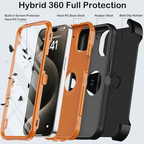 for iPhone 15 Pro Max Case with Belt Clip Holster,Built-in Screen Protector,Heavy Duty Shockproof Drop Protection Military Grade 3 Layers Rugged Phone Cover with Kickstand 6.7" (Black Orange) in Kuwait