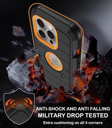 for iPhone 15 Pro Max Case with Belt Clip Holster,Built-in Screen Protector,Heavy Duty Shockproof Drop Protection Military Grade 3 Layers Rugged Phone Cover with Kickstand 6.7" (Black Orange) in Kuwait