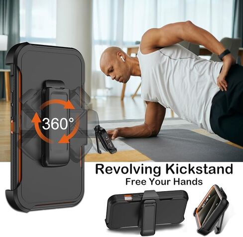 for iPhone 15 Pro Max Case with Belt Clip Holster,Built-in Screen Protector,Heavy Duty Shockproof Drop Protection Military Grade 3 Layers Rugged Phone Cover with Kickstand 6.7" (Black Orange) in Kuwait