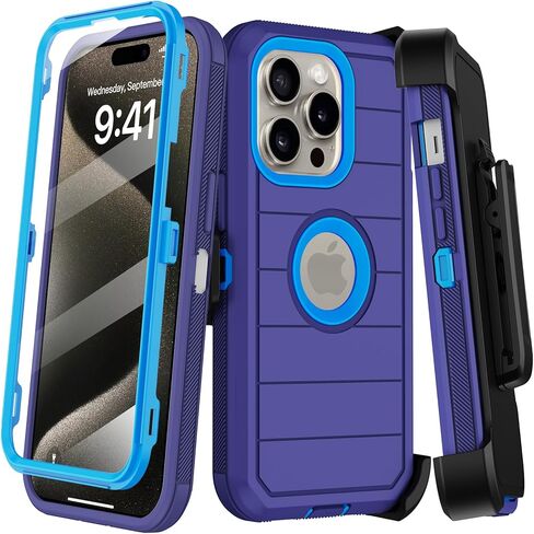 for iPhone 15 Pro Max Case with Belt Clip Holster,Built-in Screen Protector,Heavy Duty Shockproof Drop Protection Military Grade 3 Layers Rugged Phone Cover with Kickstand 6.7" (Black Orange) in Kuwait