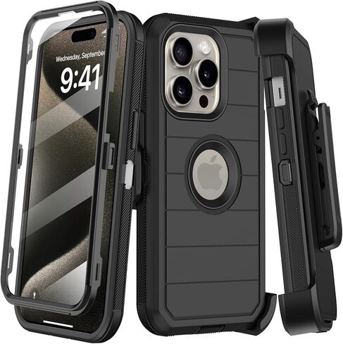 for iPhone 15 Pro Max Case with Belt Clip Holster,Built-in Screen Protector,Heavy Duty Shockproof Drop Protection Military Grade 3 Layers Rugged Phone Cover with Kickstand 6.7" (Black Orange) in Kuwait