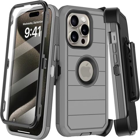 for iPhone 15 Pro Max Case with Belt Clip Holster,Built-in Screen Protector,Heavy Duty Shockproof Drop Protection Military Grade 3 Layers Rugged Phone Cover with Kickstand 6.7" (Black Orange) in Kuwait