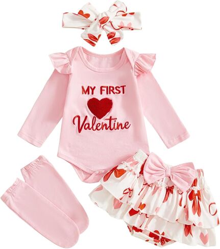 FIOMVA My First Valentines Day Outfits Clothes Dress Baby Girl Bubble Romper+Tiered Ruffle Shorts Blommers Bow Socks Set in Saudi Arabia
