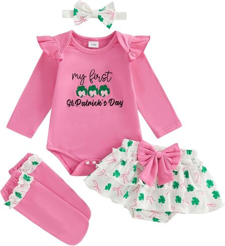 FIOMVA My First Valentines Day Outfits Clothes Dress Baby Girl Bubble Romper+Tiered Ruffle Shorts Blommers Bow Socks Set in Saudi Arabia