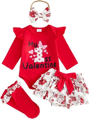 FIOMVA My First Valentines Day Outfits Clothes Dress Baby Girl Bubble Romper+Tiered Ruffle Shorts Blommers Bow Socks Set in Saudi Arabia