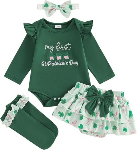 FIOMVA My First Valentines Day Outfits Clothes Dress Baby Girl Bubble Romper+Tiered Ruffle Shorts Blommers Bow Socks Set in Saudi Arabia