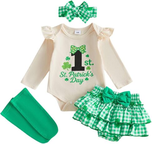 FIOMVA My First Valentines Day Outfits Clothes Dress Baby Girl Bubble Romper+Tiered Ruffle Shorts Blommers Bow Socks Set in Saudi Arabia